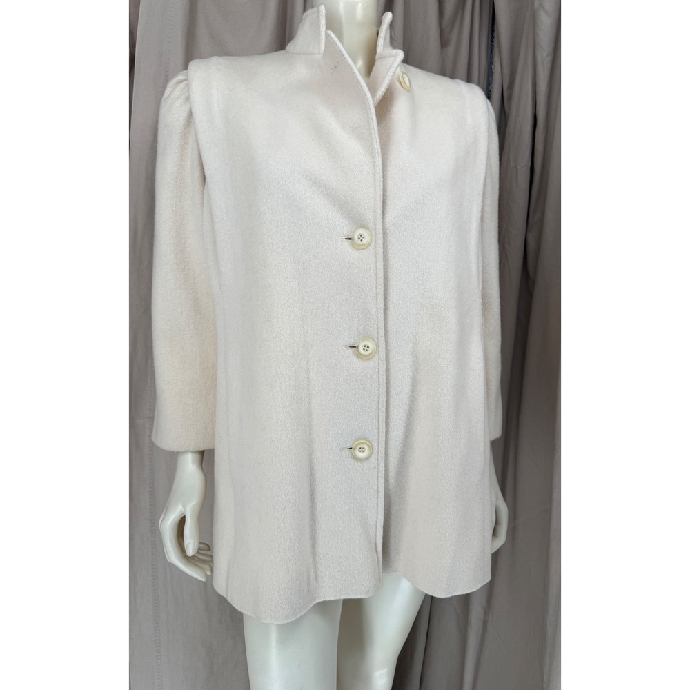 Vintage 80s Miss Harwood Ivory Wool Coat 10 High Collar Puff Shoulder USA